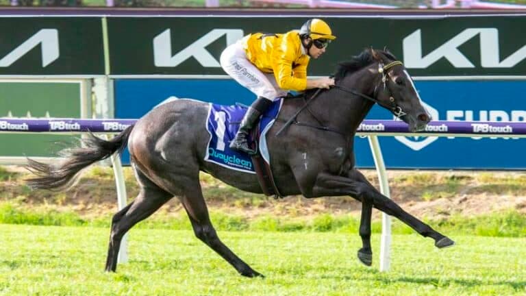 Bustling wins the WA Sires Produce Stakes with Brad Parnham aboard.