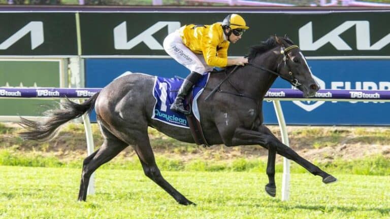 Bustling wins the WA Sires Produce Stakes with Brad Parnham aboard.